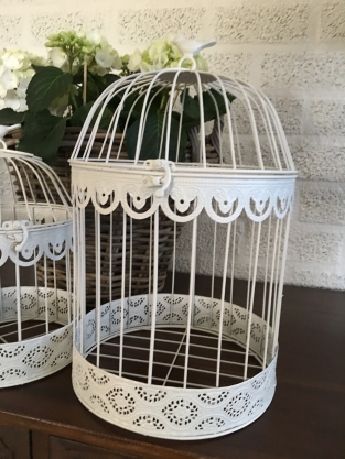 Birdcages set, small + large round, metal, white.